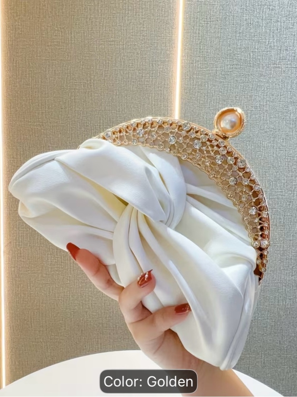 Elegant Golden Crystal Frame Knot Clutch - White